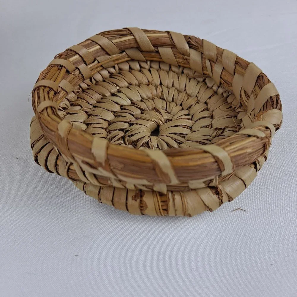 Handmade Woven Basket with Lid Tan and Brown Trinkets Jewelry Holder Etc